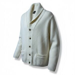 JC Penney Men’s Large Collar Cream Acrylic Grandpa Cardigan Sweater VTG 80s-90s